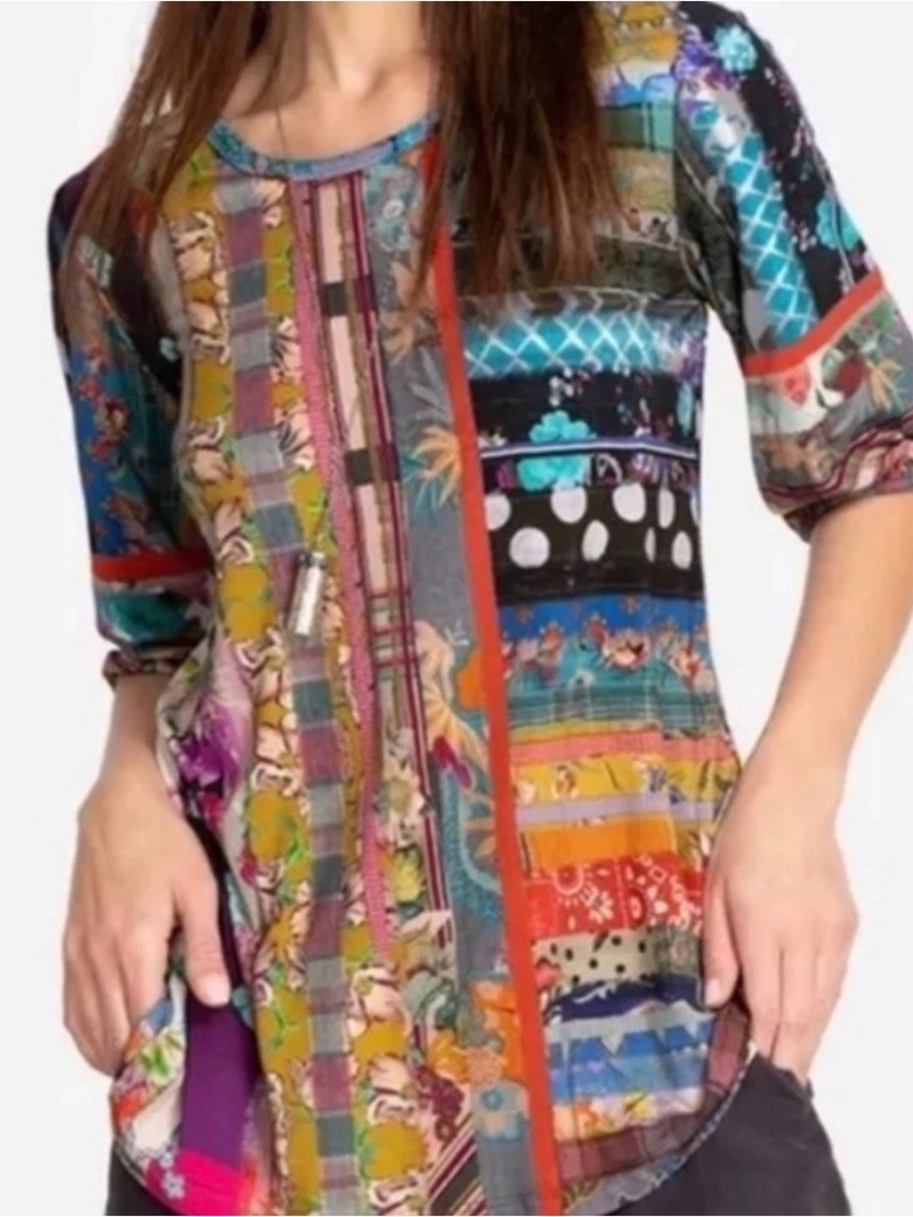 Johnny Was Sonnet Patchwork Puff Sleeve Top Floral Polka Dot Boho Chic Blouse S